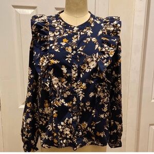 J. Crew Navy Floral Ruffle button down Blouse